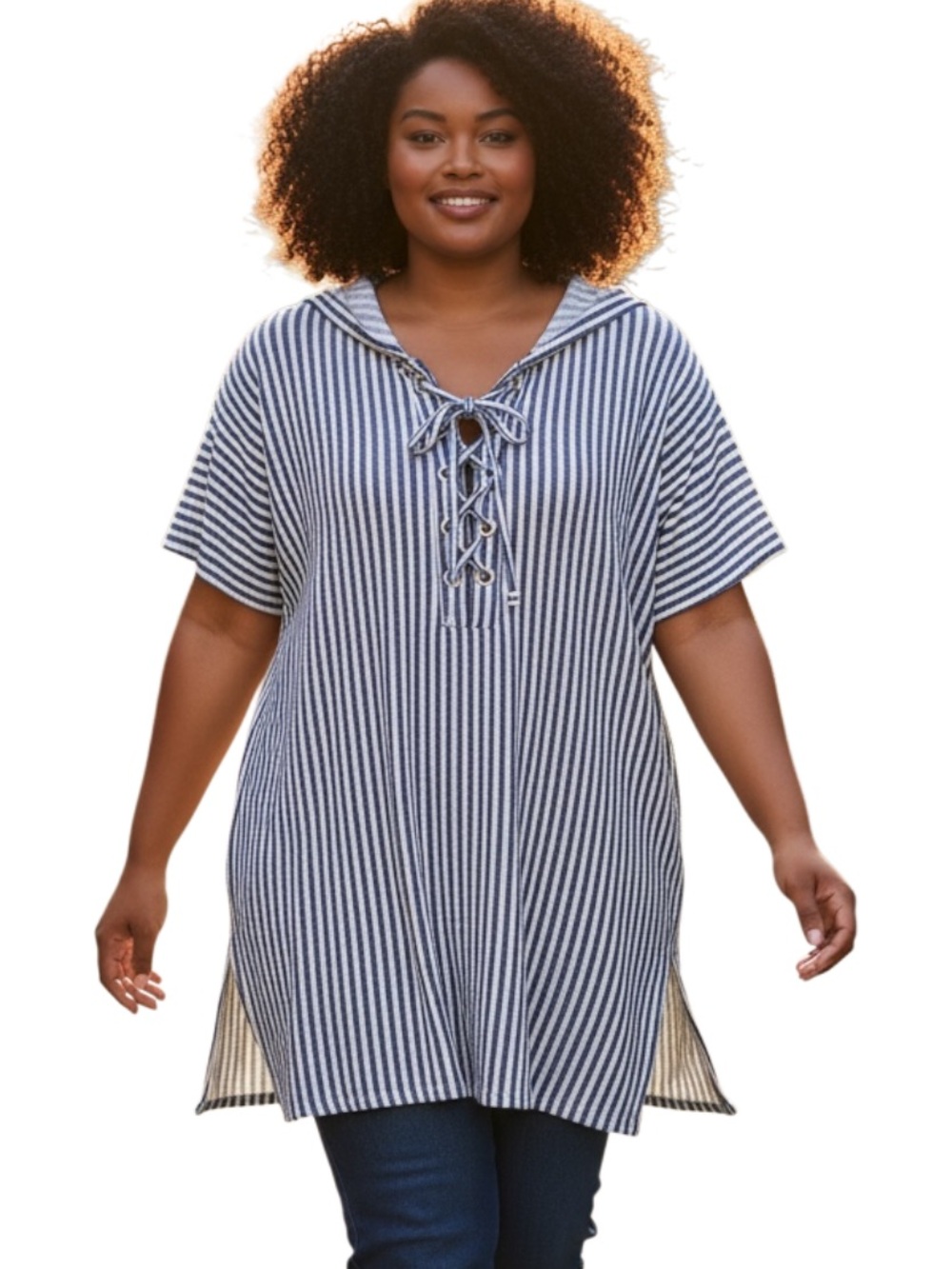 Time and Tru Navy and White Striped Lace-Up Tunic